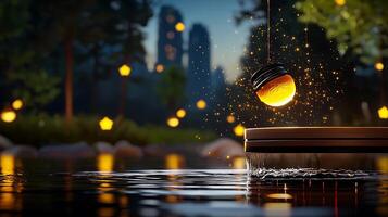 A serene evening scene with a glowing orb suspended over a tranquil pond in a park photo
