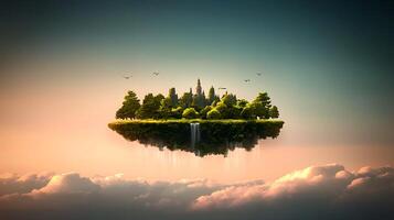 A serene floating island with lush trees and a distant castle, surrounded by clouds at sunset photo