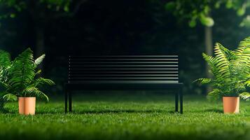 A serene garden scene featuring a black bench surrounded by lush green ferns in pots at night photo