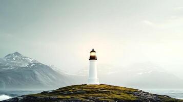 A serene lighthouse stands on a grassy island surrounded by mountains and ocean waves photo