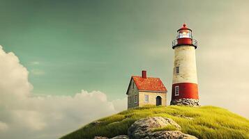 A serene lighthouse standing on a grassy hill under a cloudy sky, symbolizing guidance and safety photo