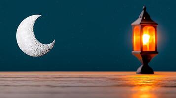 A serene night scene featuring a crescent moon and a glowing lantern on a wooden surface photo