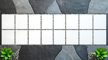 A serene outdoor space featuring blank tiles arranged on a stone pathway with greenery photo
