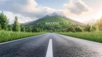 A serene road leading towards a mountain under a bright sky, symbolizing success and adventure photo