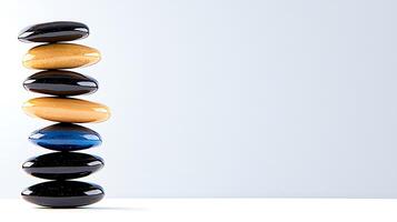 A serene stack of smooth, colorful stones balancing on a minimalist background, symbolizing harmony photo