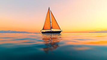 A serene sunset view of a sailboat gliding across calm waters, reflecting vibrant colors photo