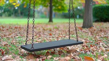 A serene swing hanging from a tree in a vibrant autumn park surrounded by fallen leaves photo