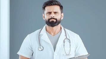A serious doctor in a white coat holding a clipboard, standing against a neutral background photo