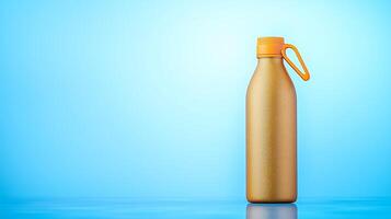 A shiny gold water bottle with an orange cap against a soft blue background, ideal for product displays photo
