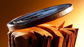 A shiny coin balanced precariously on a wooden stump against a warm gradient background photo