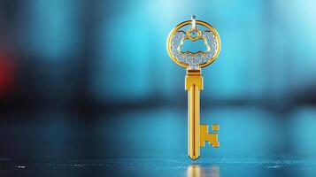 A shiny golden key with intricate designs, centered against a blurred blue background, symbolizing access photo