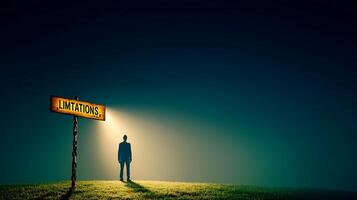 A silhouetted figure stands under a sign reading 'Limitations' in a dark, moody landscape photo