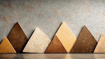 A series of triangular stone tiles arranged against a textured wall, showcasing earthy tones and patterns photo