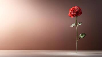A single vibrant red rose stands elegantly on a smooth surface against a soft gradient background photo