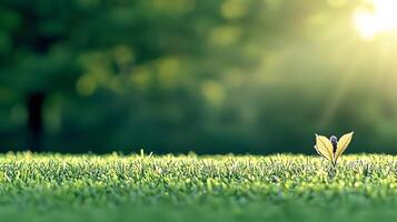 A single green sprout emerging from lush grass under soft sunlight in a serene natural setting photo
