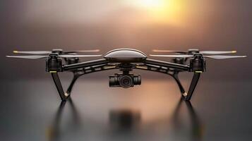 A sleek black drone with a camera, poised for flight against a sunset backdrop, showcasing technology photo