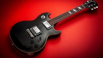 A sleek black electric guitar resting on a vibrant red background, showcasing its design and features photo