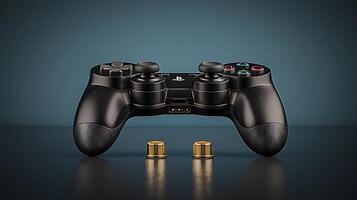 A sleek black gaming controller with batteries on a dark surface, showcasing modern gaming technology photo