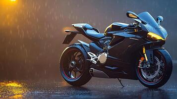 A sleek black motorcycle parked on a wet road during a rainstorm, illuminated by streetlights photo