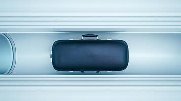 A sleek black suitcase positioned in a modern travel corridor with minimalistic design photo