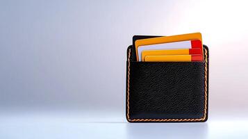 A sleek black wallet with colorful cards, set against a softly lit gradient background photo