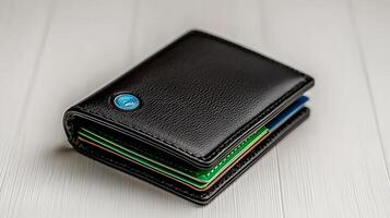 A sleek black wallet with colorful cards partially visible, resting on a light wooden surface photo