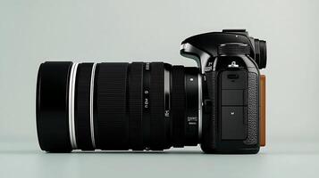 A sleek digital camera with a large lens positioned on a minimalist background, showcasing modern photography equipment photo