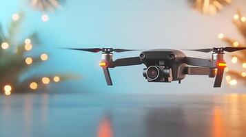 A sleek drone equipped with a camera hovers above a table adorned with festive lights photo