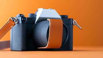 A sleek camera positioned on a vibrant orange backdrop showcasing its design and features photo