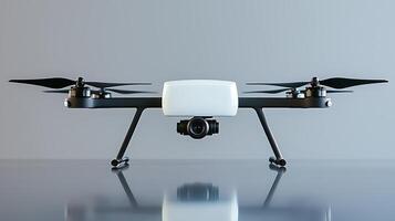 A sleek drone with a camera positioned against a minimalist background, showcasing advanced technology photo