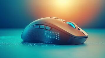 A sleek gaming mouse with illuminated features on a smooth surface, set against a vibrant background photo