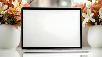 A sleek laptop with a blank screen placed on a table surrounded by colorful flower arrangements photo