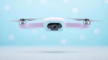 A sleek, modern drone with a camera hovering against a soft blue background with bokeh effects photo