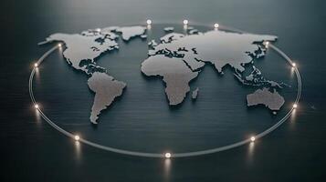 A sleek metallic world map illuminated by soft lights on a dark wooden surface, symbolizing global connectivity photo