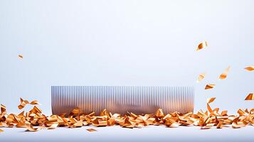 A sleek silver comb surrounded by scattered golden shavings on a minimalist backdrop photo