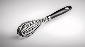 A sleek stainless steel whisk with a comfortable black handle, resting on a smooth surface photo