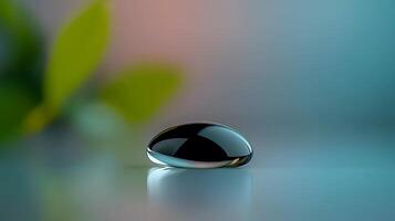 A sleek, reflective droplet resting on a smooth surface with soft greenery in the background photo
