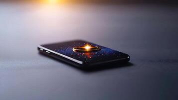 A sleek smartphone displaying a cosmic design with a glowing ring, set on a dark surface photo