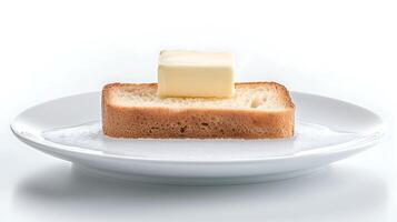 A slice of bread topped with butter on a white plate, set against a bright, minimalist background photo