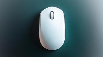 A sleek white computer mouse positioned centrally on a dark green background, highlighting its design photo