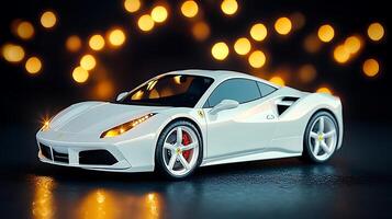A sleek white sports car model parked on a reflective surface with blurred bokeh lights in background photo