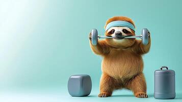 A sloth exercising with dumbbells in a bright, minimalist gym setting, promoting fitness and health photo