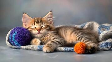 A sleepy kitten resting on a cozy blanket with colorful yarn balls in a soft, blurred background photo