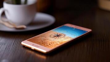 A smartphone displaying a compass app on a wooden table beside a cup and plant, in a cozy setting photo