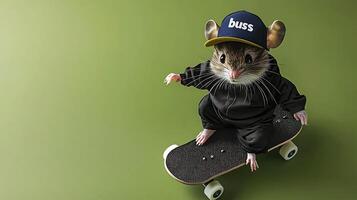 A small mouse in a black tracksuit and cap skateboards on a green background, showcasing agility photo