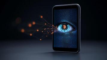 A smartphone displaying a digital eye, symbolizing technology and surveillance in a dark setting photo