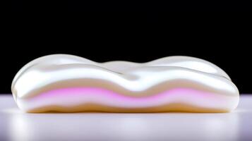 A smooth, glossy, abstract shape with soft curves and subtle pink lighting against a dark background photo
