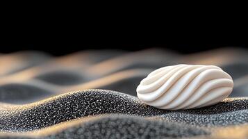 A smooth, white, wave-patterned object rests on textured, dark sand-like surface, creating contrast photo