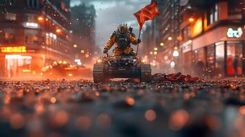 A soldier on an armored vehicle holding a flag in a rain-soaked urban street at night photo