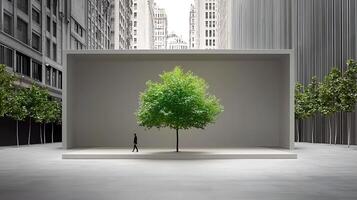 A solitary figure walks past a modern architectural installation featuring a vibrant tree in an urban setting photo
